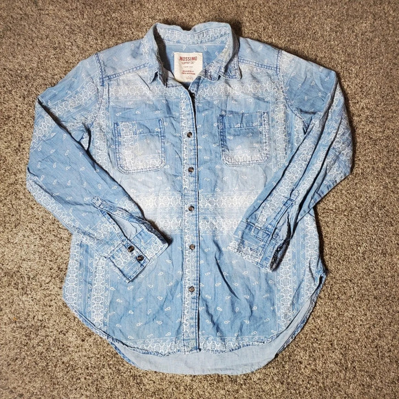 Mossimo Distressed Blue Denim Long Sleeve Buttondown Ladies Top Size Small - Picture 6 of 15